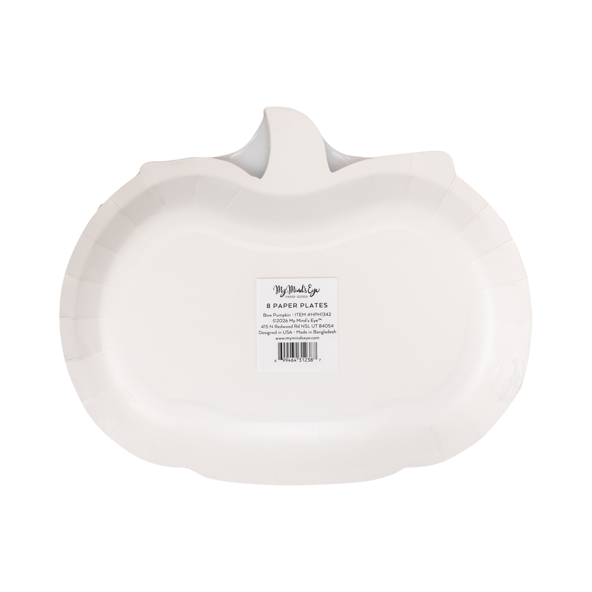 Back of the pumpkin paper plate showing the plain cream shape with stem and "8 Paper Plates" packaging label.
