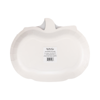 Back of the pumpkin paper plate showing the plain cream shape with stem and "8 Paper Plates" packaging label.