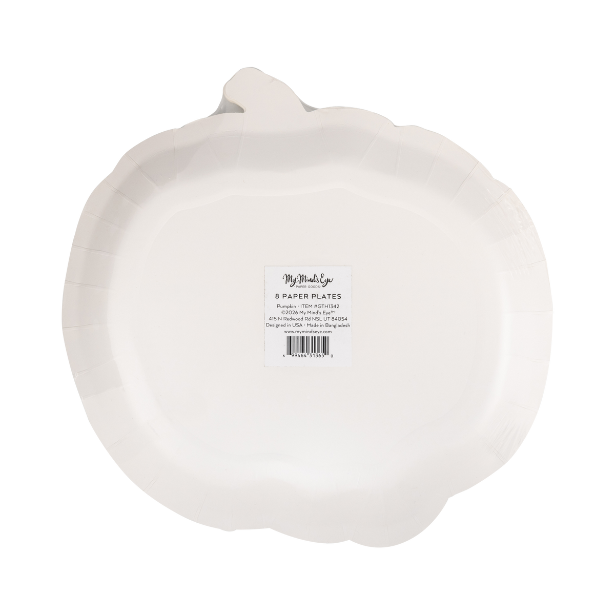 Back of a paper plate shaped like a pumpkin with a label.