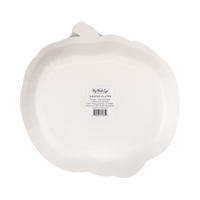 Back of a paper plate shaped like a pumpkin with a label.