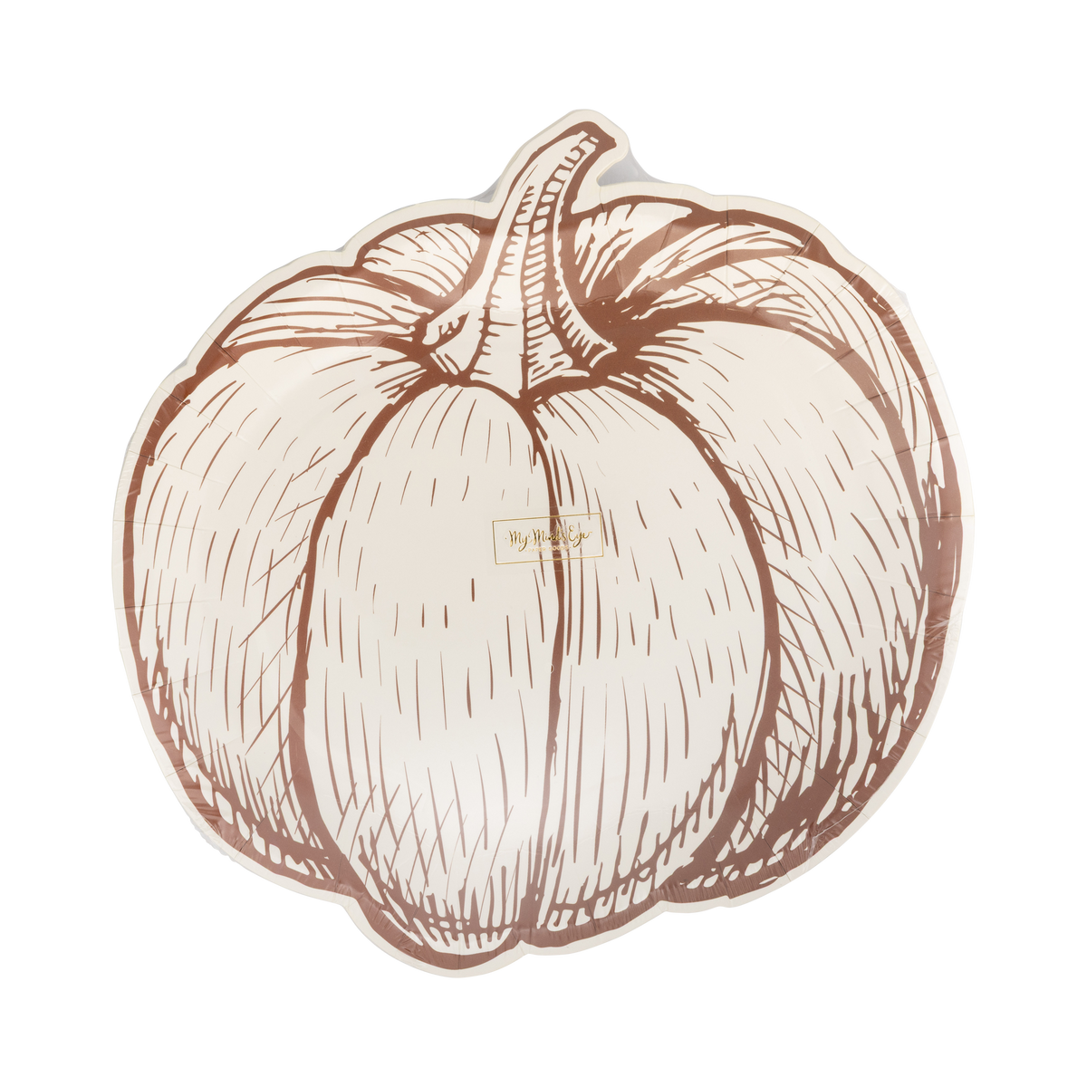 Close-up of the die-cut pumpkin shape and brown line-art detail on a transparent wrap, front view.