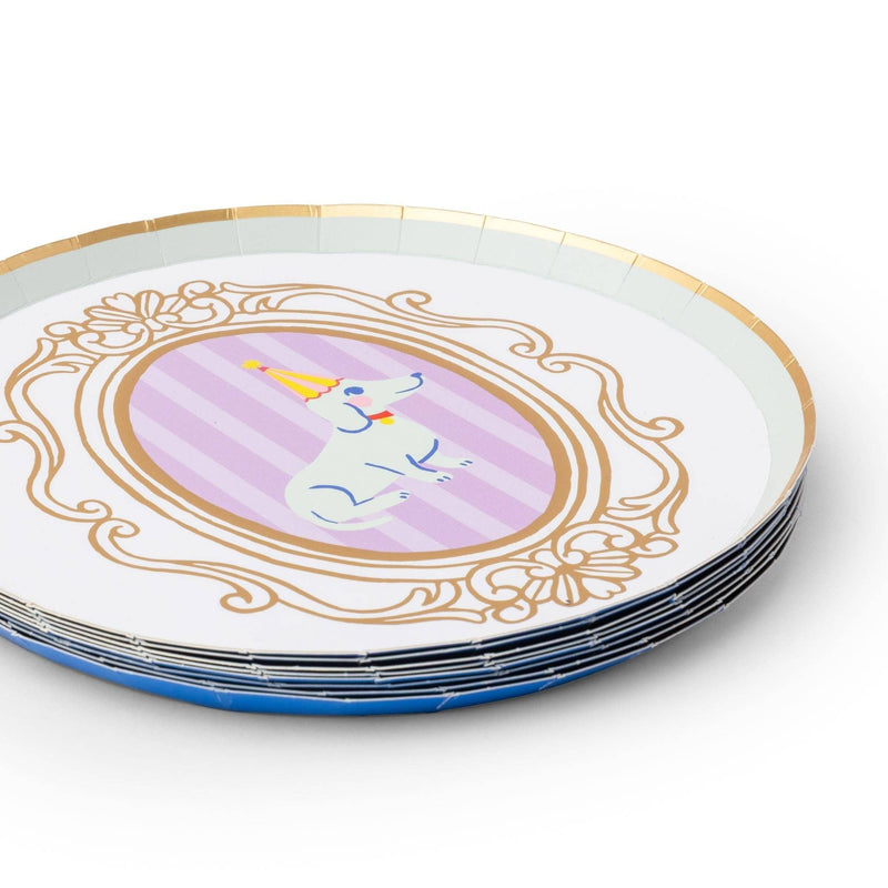 Angled stack of Puppy Dog paper dessert plates showing the lavender-striped cameo design, gold ornate frame and gold rim.