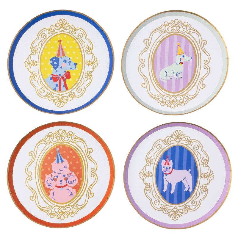 Grid of four assorted Puppy Dog small plates, each with an illustrated party pup framed in an ornate gold cameo on a scalloped colored rim.