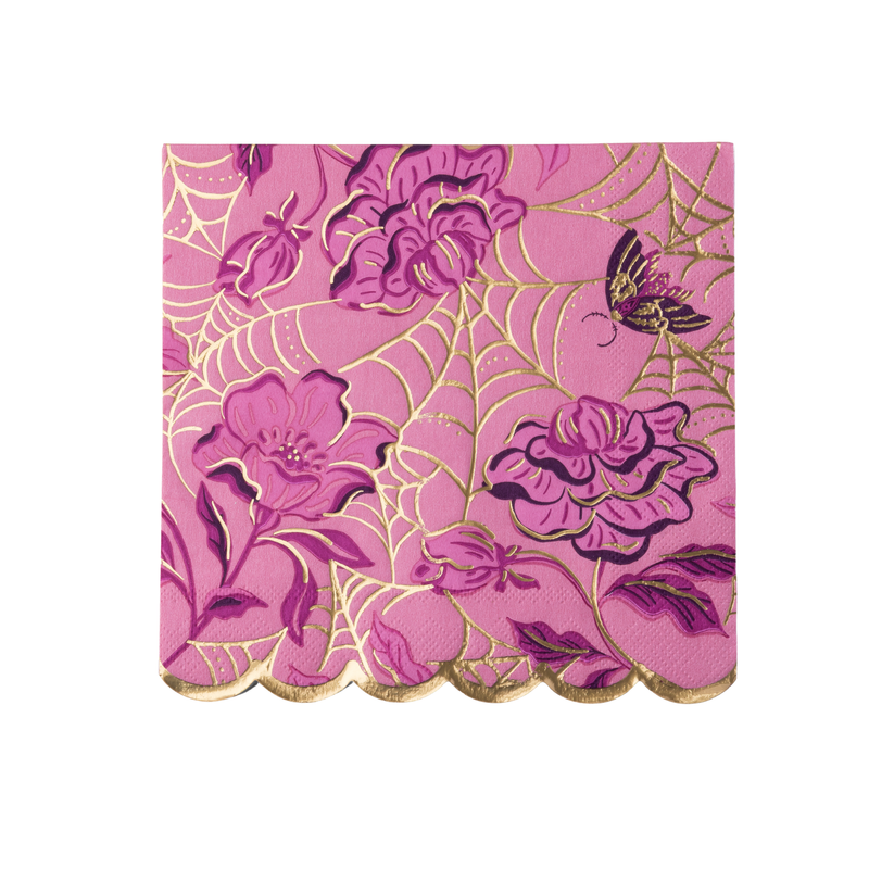 Purple Halloween napkin with a gold-foil spiderweb, moody vampy florals, and a moth, finished with a gold scalloped edge, front view on white background.