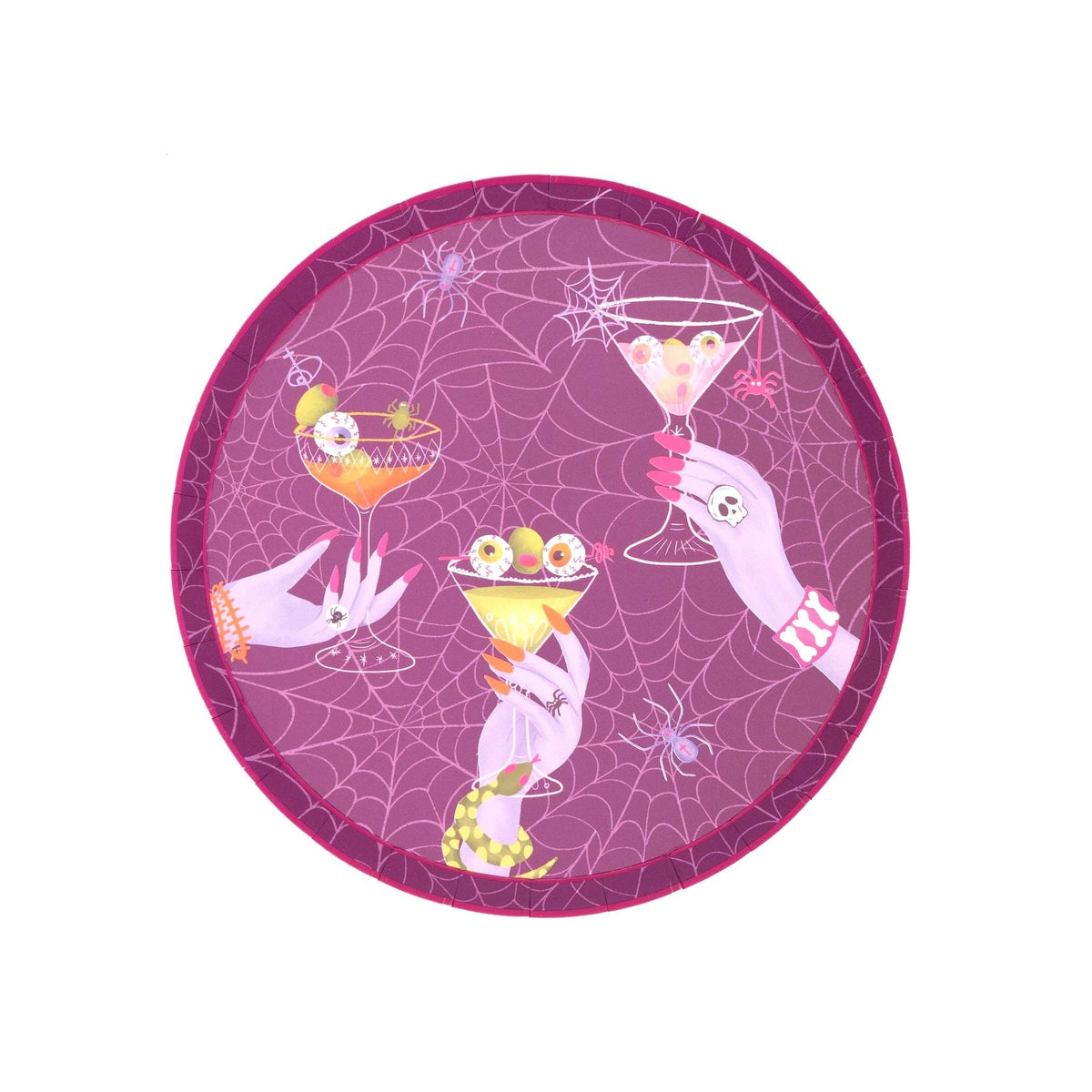 Overhead studio shot of a 7 inch round purple paper dessert plate featuring white spiderwebs and manicured hands holding eyeball martinis.