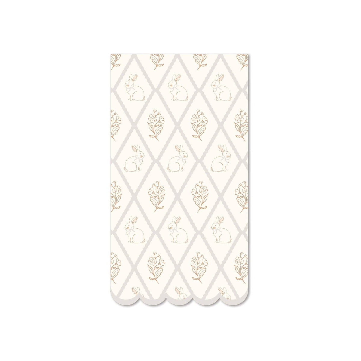A single paper guest napkin featuring a tan and cream diamond trellis pattern with vintage bunnies and flowers.