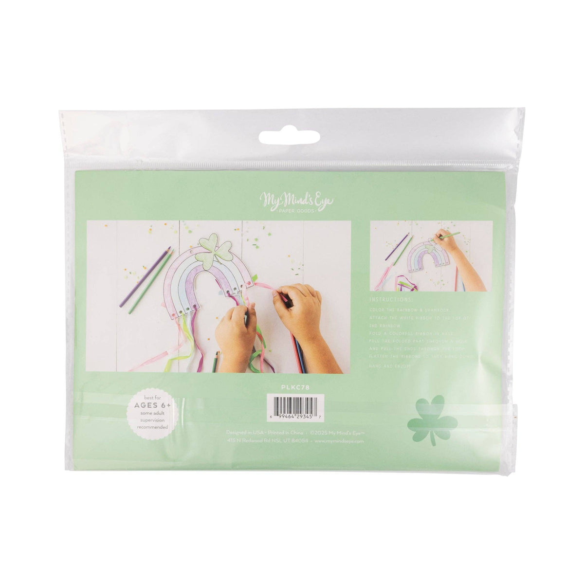 Back view of ribbon rainbow craft kit packaging for St. Patrick’s Day kids activities