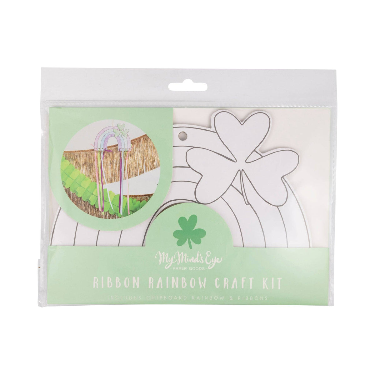 Ribbon rainbow craft kit packaging for St. Patrick’s Day kids activities