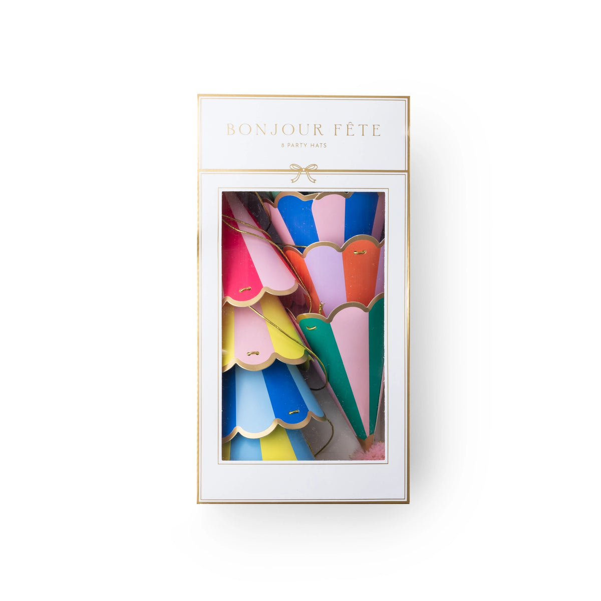 Rainbow stripe party hats with gold trim shown in the packaging box