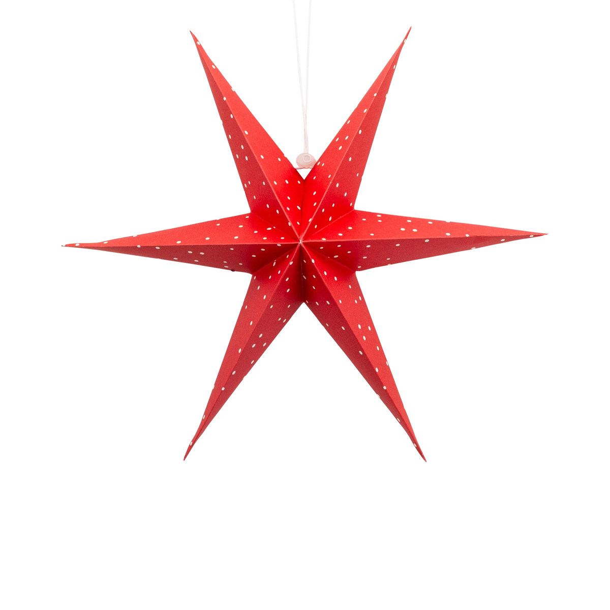 Single red 3D paper star hanging on a white background.