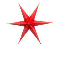 Single red 3D paper star hanging on a white background.