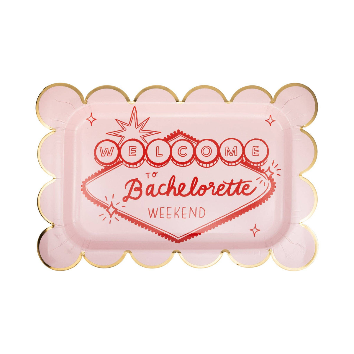 Close-up of a single Lucky in Love plate showing the gold foil accents and red script.