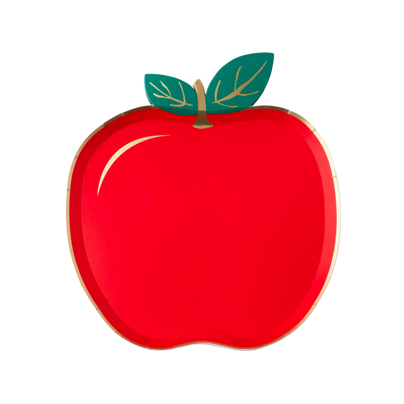 Single red apple shaped paper plate on white background showing the full apple silhouette — bright red body, gold foil shine highlight, green leaves with gold foil veining, gold foil stem, and gold foil edge trim