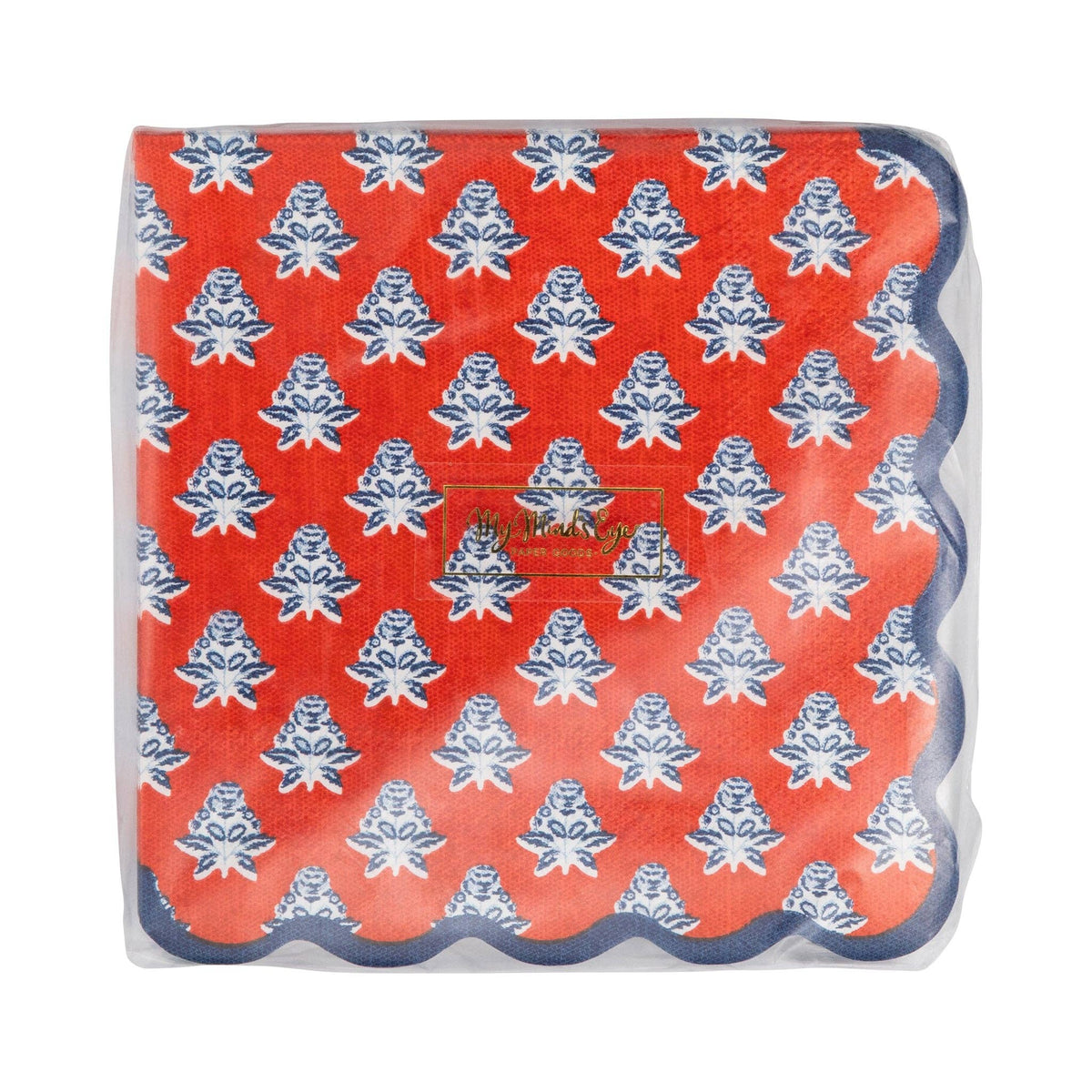 Red block-print floral paper cocktail napkins in packaging showing full indigo blue floral pattern on red base with navy scalloped edge