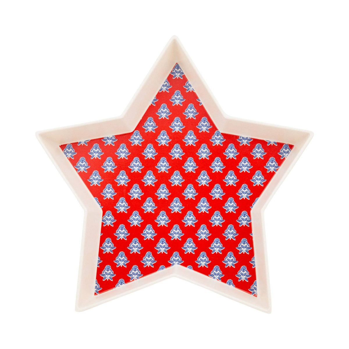 Red block print floral star shaped bamboo tray product shot on white background