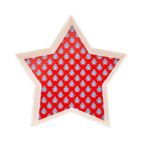 Red block print floral star shaped bamboo tray product shot on white background