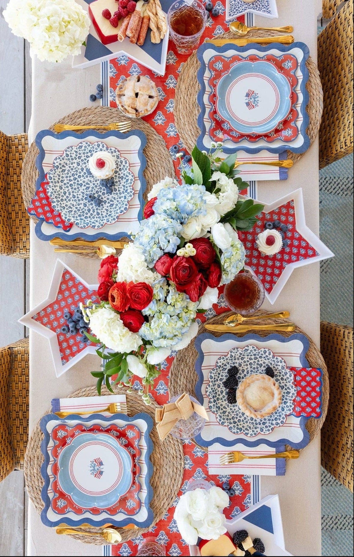 Full overhead view of Americana 4th of July tablescape with red block print floral table runner, scalloped plates, and hydrangea centerpiece