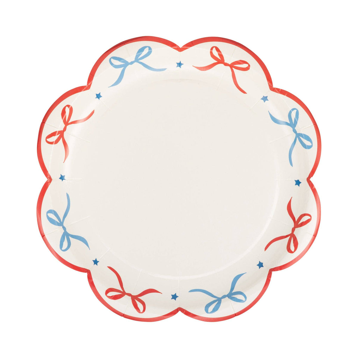 Single red and blue bow scalloped paper plate flat lay on white background showing full bow and star border design with red scalloped edge