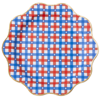 red blue gingham star dinner plate with gold rim on white background.