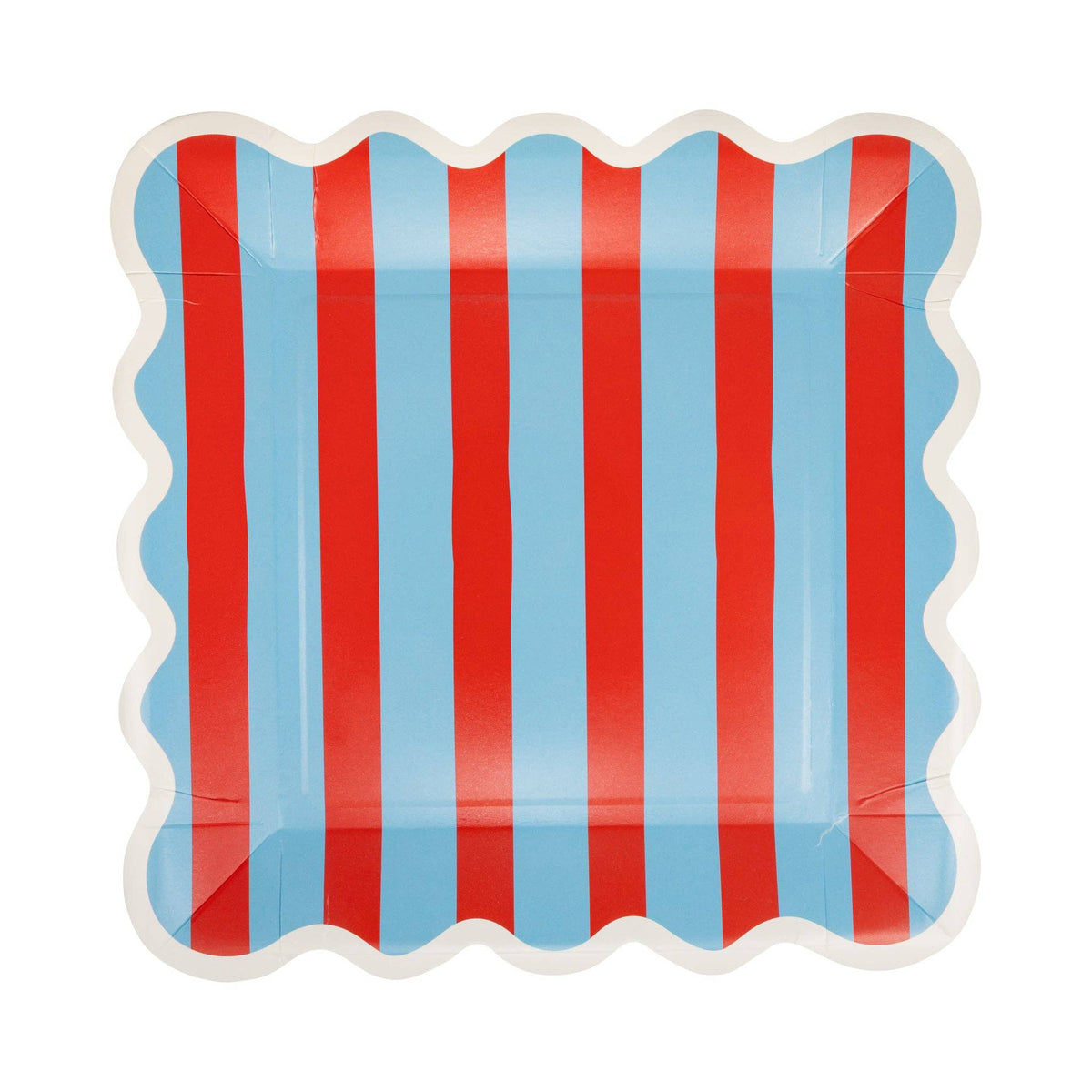 Single red and blue striped square scalloped paper plate flat lay on white background showing full stripe pattern and white scalloped border