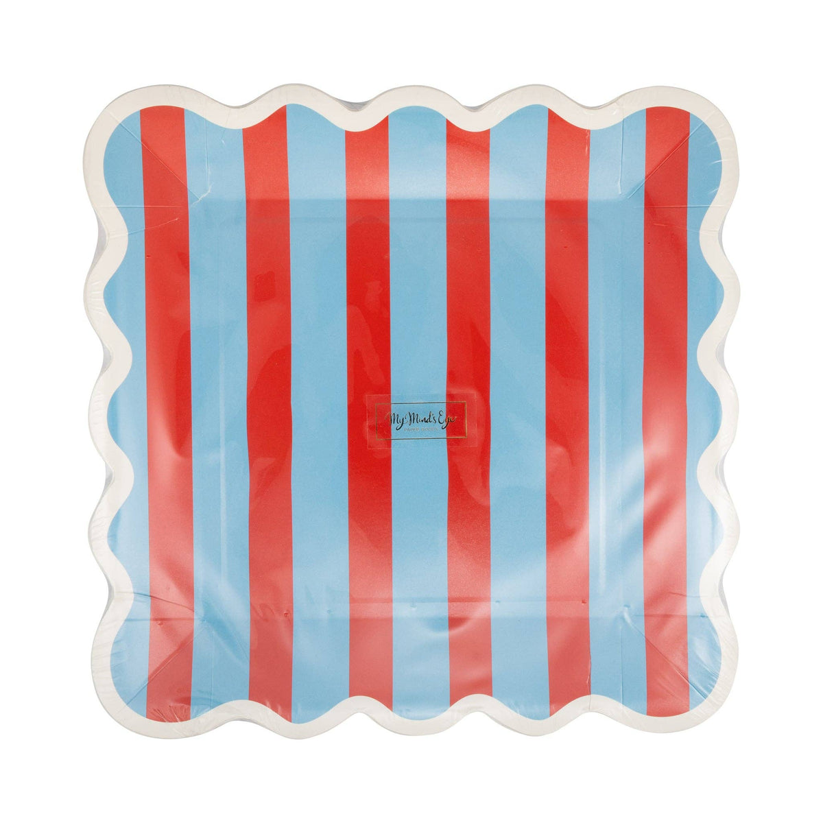 Front of red and blue striped square scalloped paper plate showing vertical red and blue stripes with white scalloped edge