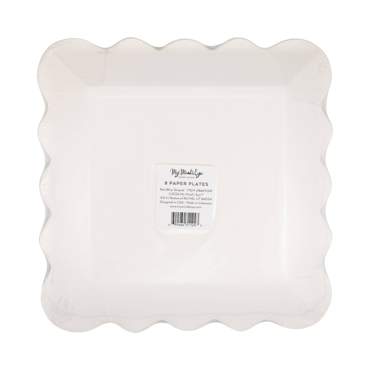Back of red and blue striped scalloped paper plates showing white plate underside with product label and barcode