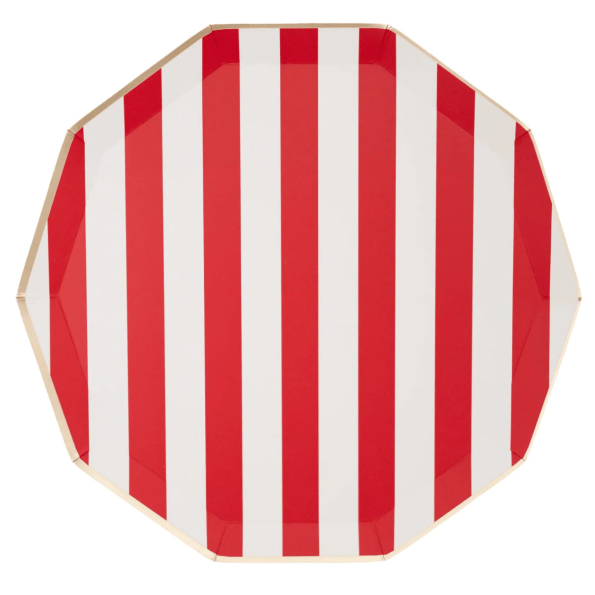 Red and white cabana stripe paper dinner plate with a 10-sided decagon shape and gold foil rim on a white background.