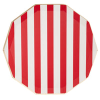 Red and white cabana stripe paper dinner plate with a 10-sided decagon shape and gold foil rim on a white background.
