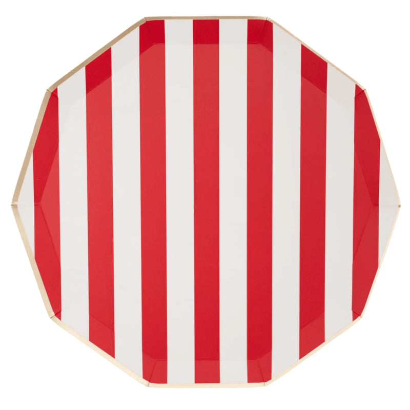 Red and white cabana stripe paper dinner plate with a 10-sided decagon shape and gold foil rim on a white background.