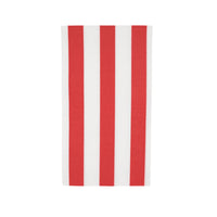 Red and white cabana stripe paper guest towel napkin folded and shown flat on a white background.