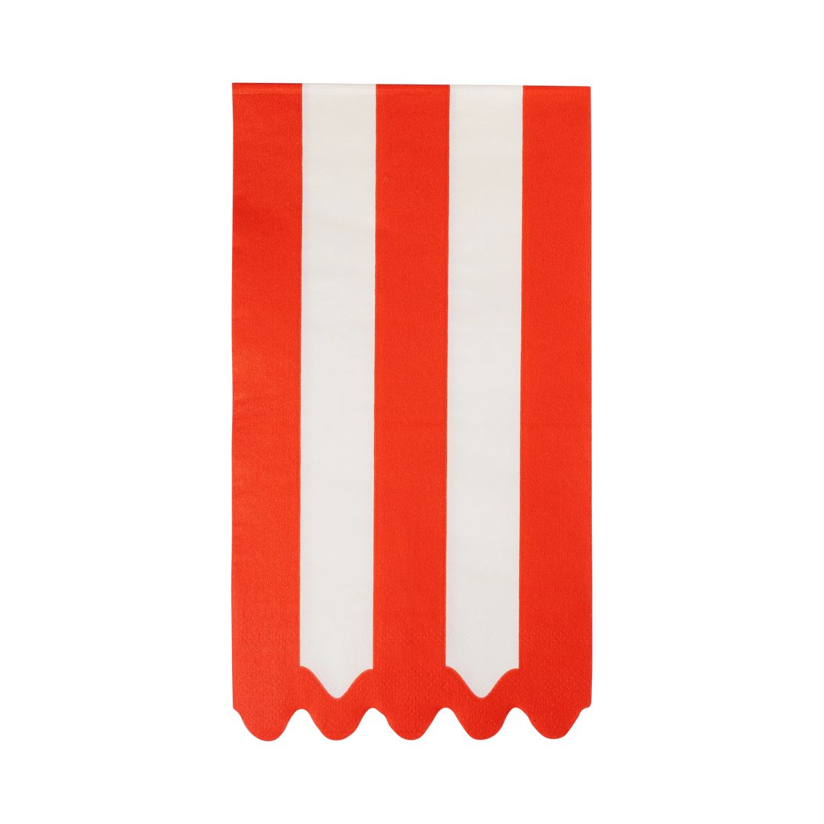 Cream and red striped paper dinner napkin with a wavy red edge, folded, on a white background.