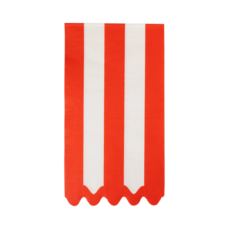 Cream and red striped paper dinner napkin with a wavy red edge, folded, on a white background.