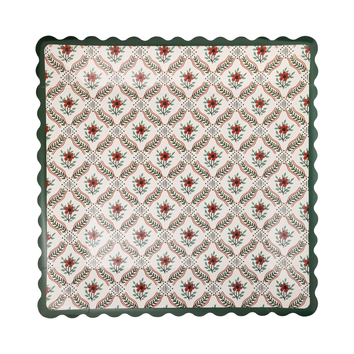 10" square cream paper plate with red flowers in a green laurel trellis pattern and a green wavy scalloped edge