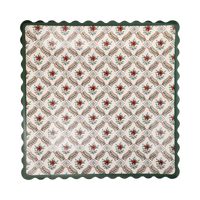 10" square cream paper plate with red flowers in a green laurel trellis pattern and a green wavy scalloped edge