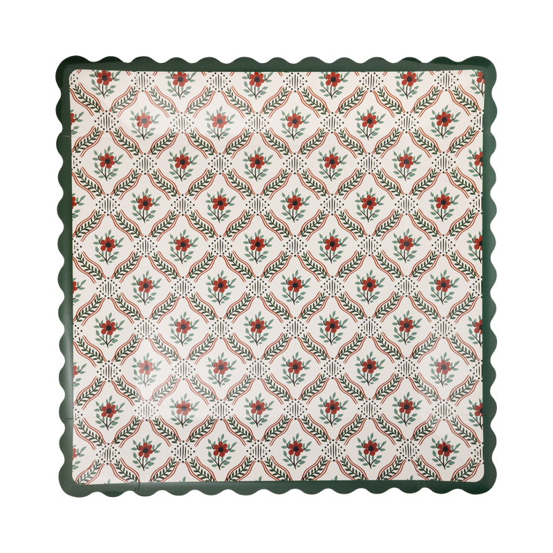10" square cream paper plate with red flowers in a green laurel trellis pattern and a green wavy scalloped edge
