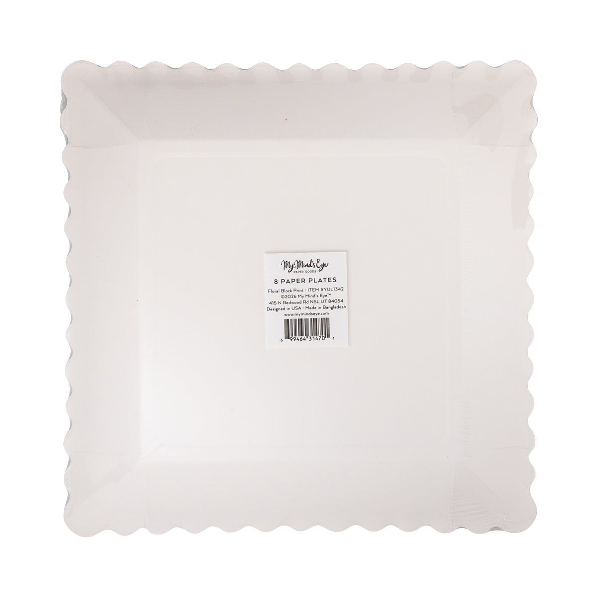 Back of a pack of 8 square scalloped paper plates in clear packaging