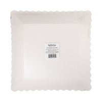Back of a pack of 8 square scalloped paper plates in clear packaging