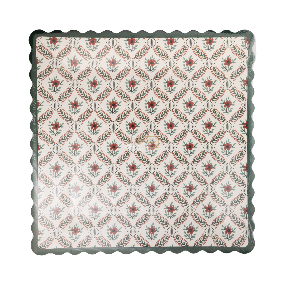 Pack of 8 red floral trellis square paper plates in clear packaging, front view