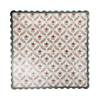 Pack of 8 red floral trellis square paper plates in clear packaging, front view