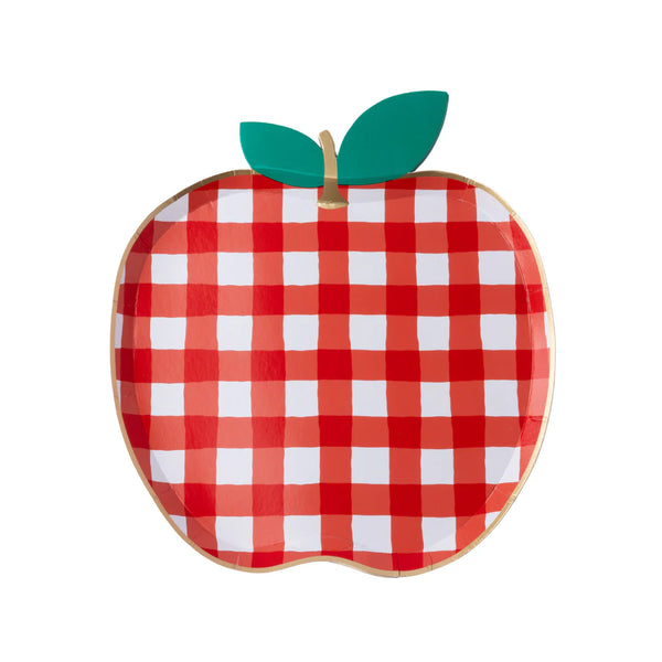Single red gingham apple shaped paper plate on a white background showing the green leaf, gold foil edge, and full apple silhouette.