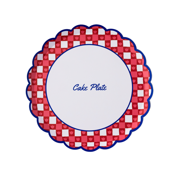 Single red gingham cake plate paper plate flat lay on white background showing full tulip gingham border, blue scalloped edge, and cake plate script in center