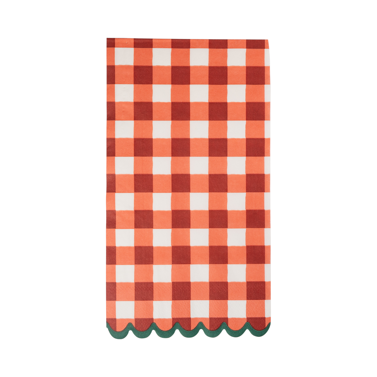 Large-scale red and cream gingham paper dinner napkin with a green scalloped edge, folded, on a white background.