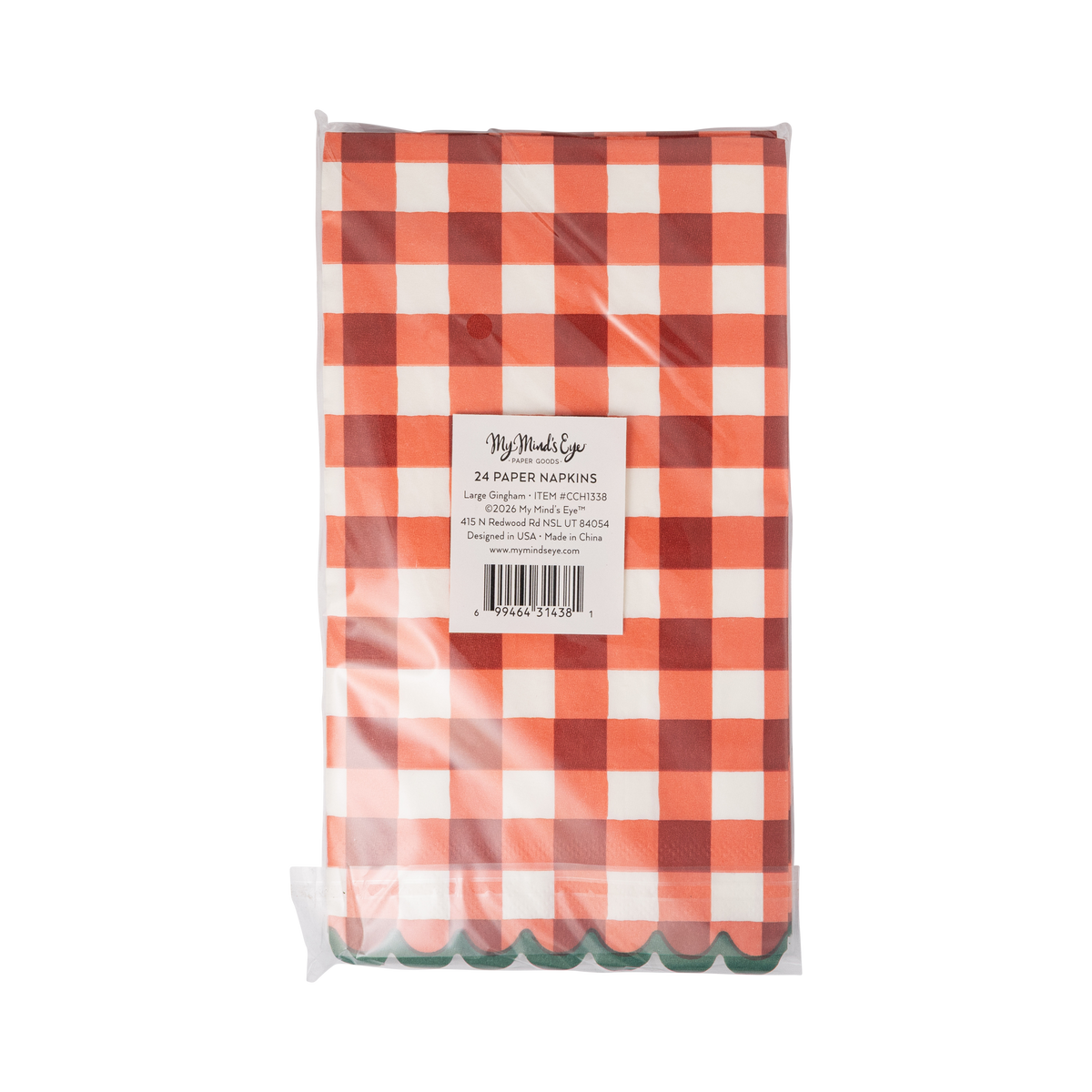 Back of the red gingham dinner napkins packaging showing the folded napkins and product label.