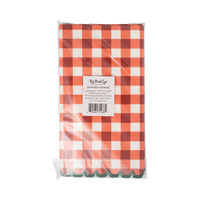 Back of the red gingham dinner napkins packaging showing the folded napkins and product label.