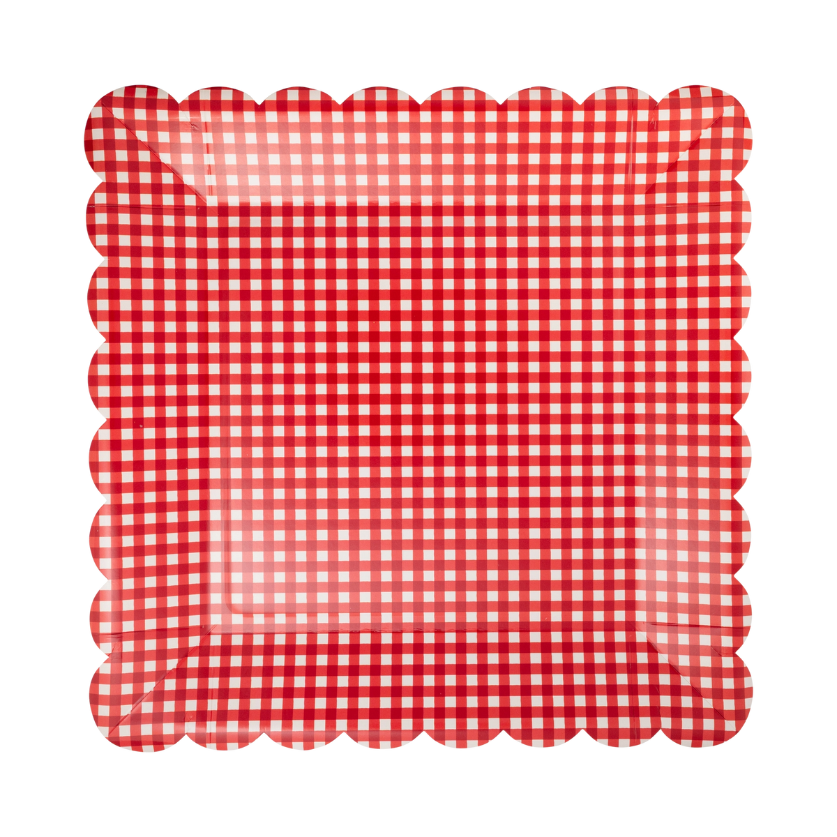 Red gingham scalloped dinner plate shown flat.