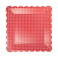Red gingham scalloped dinner plate shown flat.