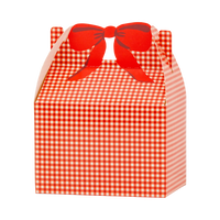 Red gingham gable treat box with a red bow illustration on a white background.