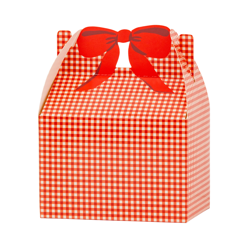 Red gingham gable treat box with a red bow illustration on a white background.