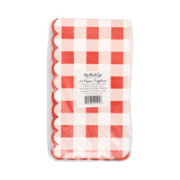 Back view of red scallop gingham dinner napkins packaging