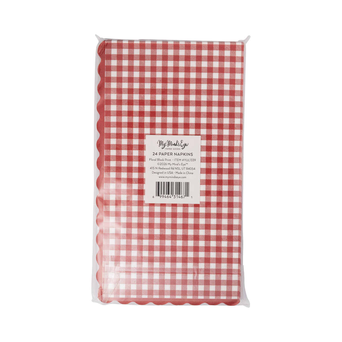 Back of a 24 pack of red gingham scalloped paper dinner napkins in clear packaging